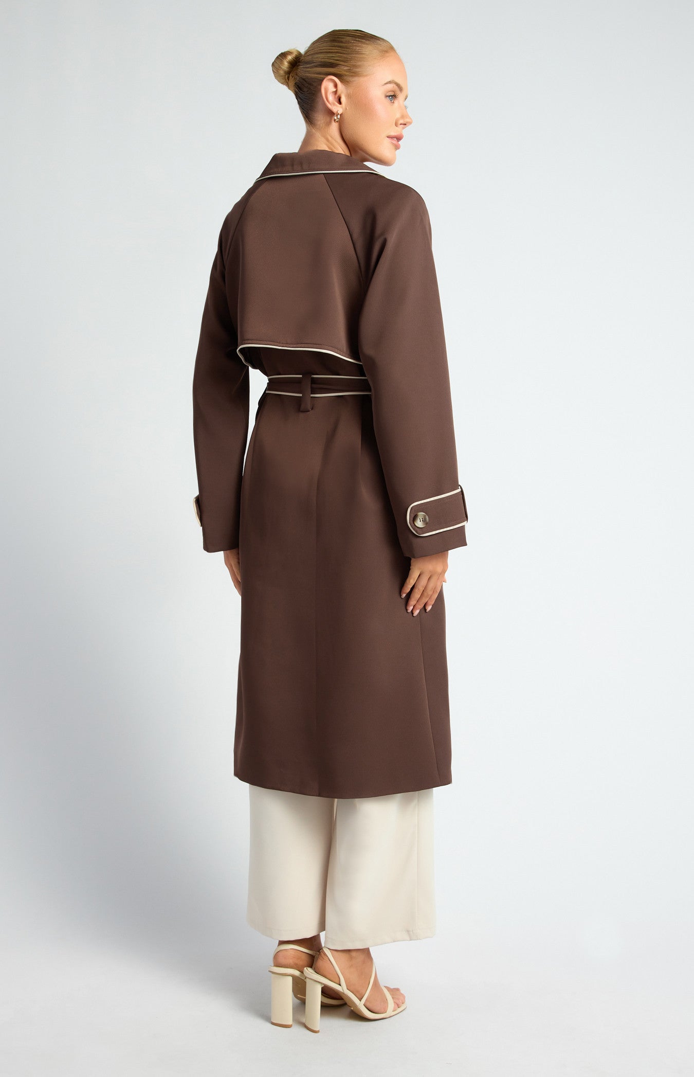 CONTRAST BINDING LONGLINE TRENCH COAT- ESPRESSO