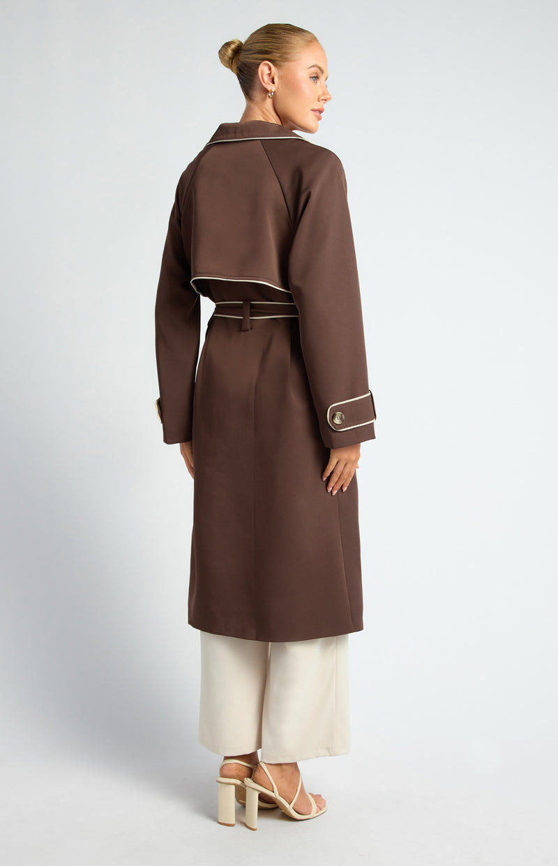CONTRAST BINDING LONGLINE TRENCH COAT- ESPRESSO