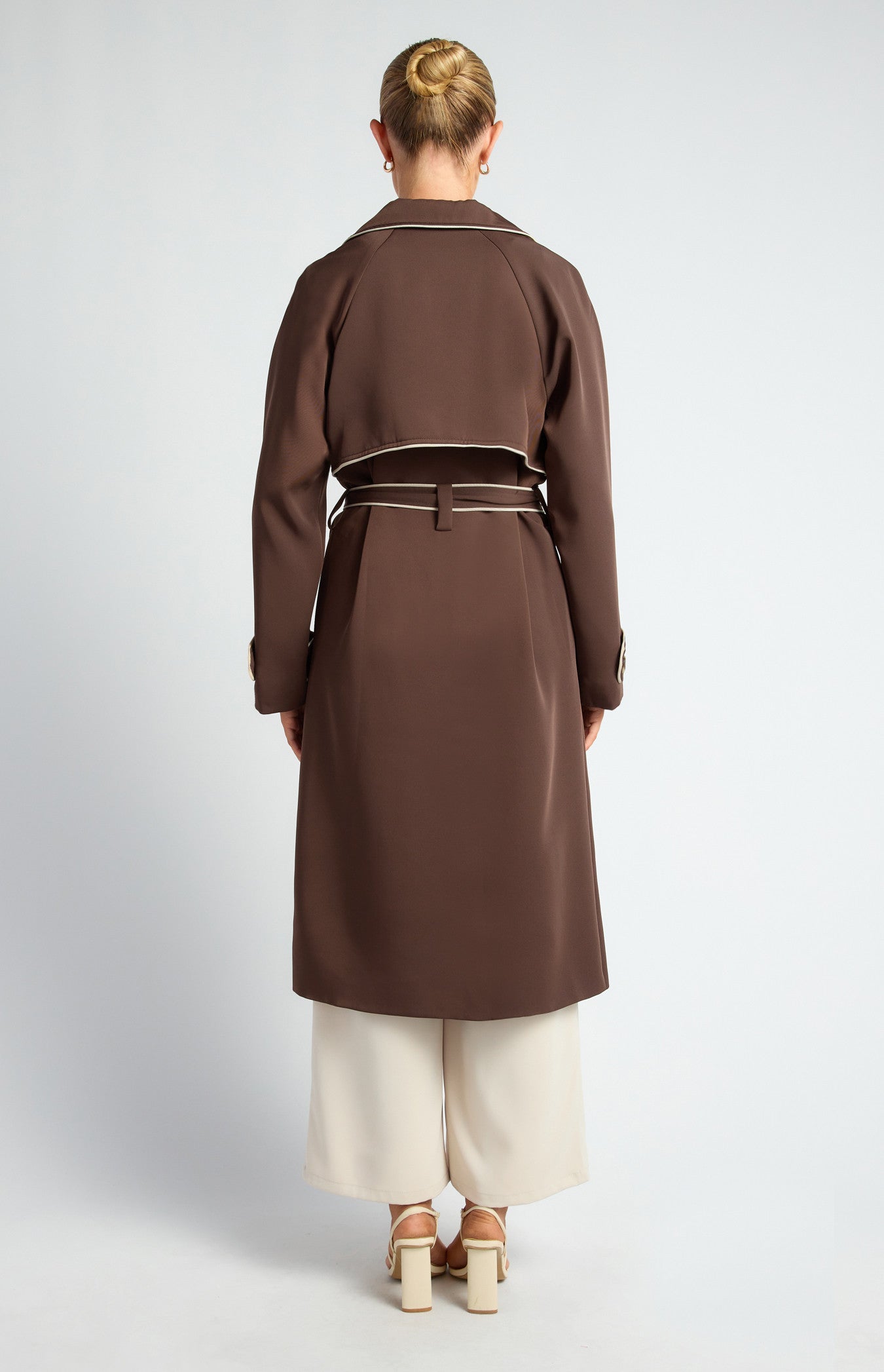 CONTRAST BINDING LONGLINE TRENCH COAT- ESPRESSO