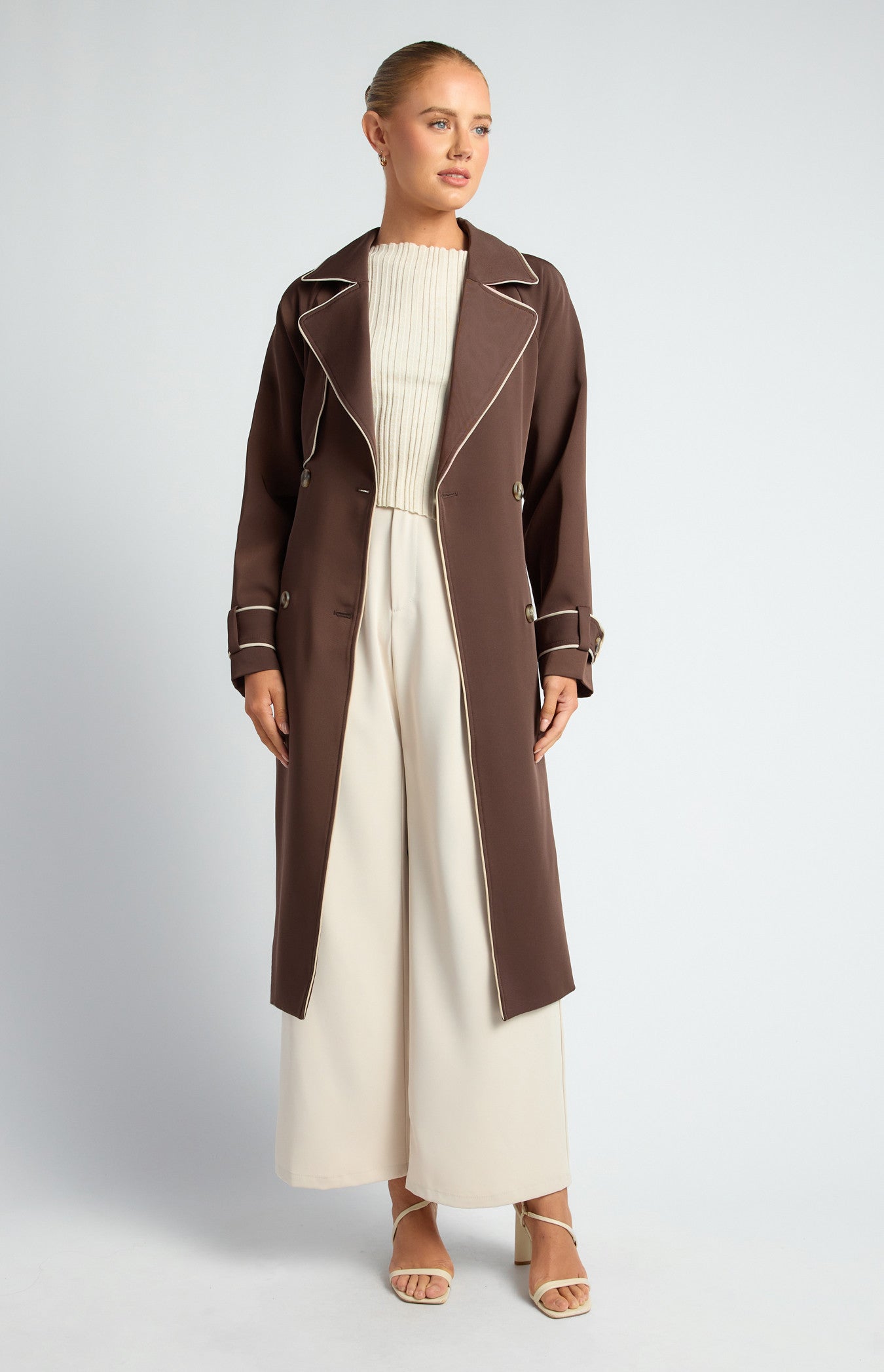 CONTRAST BINDING LONGLINE TRENCH COAT- ESPRESSO