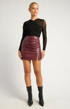 FAUX LEATHER RUCHED MINI SKIRT- MERLOT