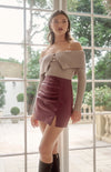 FAUX LEATHER RUCHED MINI SKIRT- MERLOT
