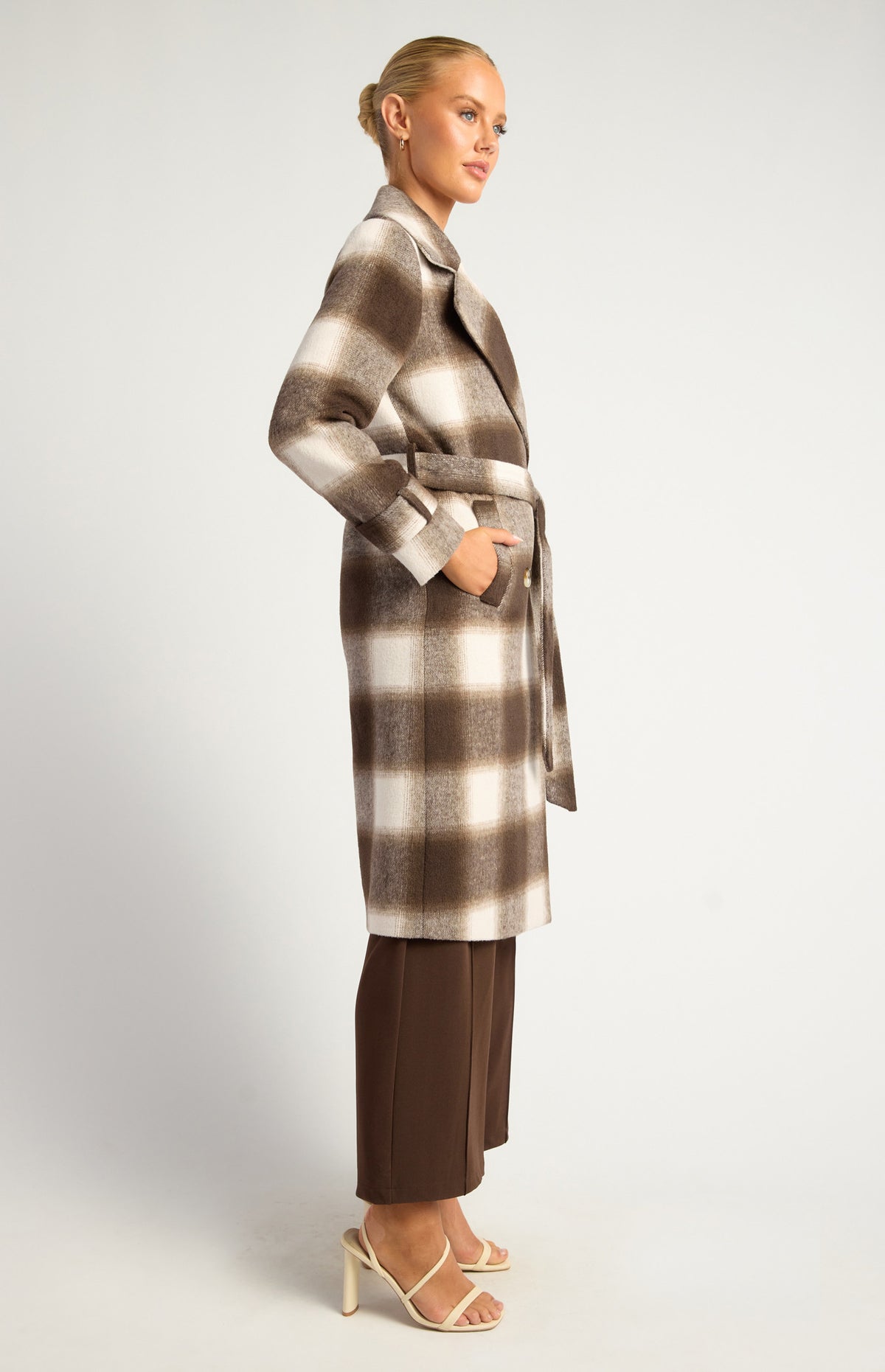 AJOY CHECKERED DOUBLE BREASTED FAUX WOOL COAT - ESPRESSO
