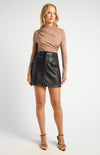 FAUX LEATHER MINI SKIRT WITH FAUX POCKET DETAILS- BLACK