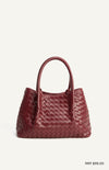 Woven Vegan Leather Handle Bag with Internal Clasp Detachable Pouch and Strap- Merlot