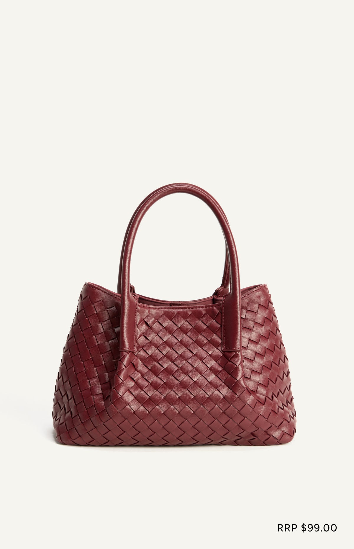 Woven Vegan Leather Handle Bag with Internal Clasp Detachable Pouch and Strap- Merlot