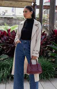 Woven Vegan Leather Handle Bag with Internal Clasp Detachable Pouch and Strap- Merlot