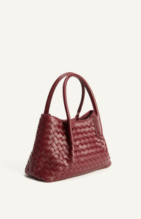 Woven Vegan Leather Handle Bag with Internal Clasp Detachable Pouch and Strap- Merlot