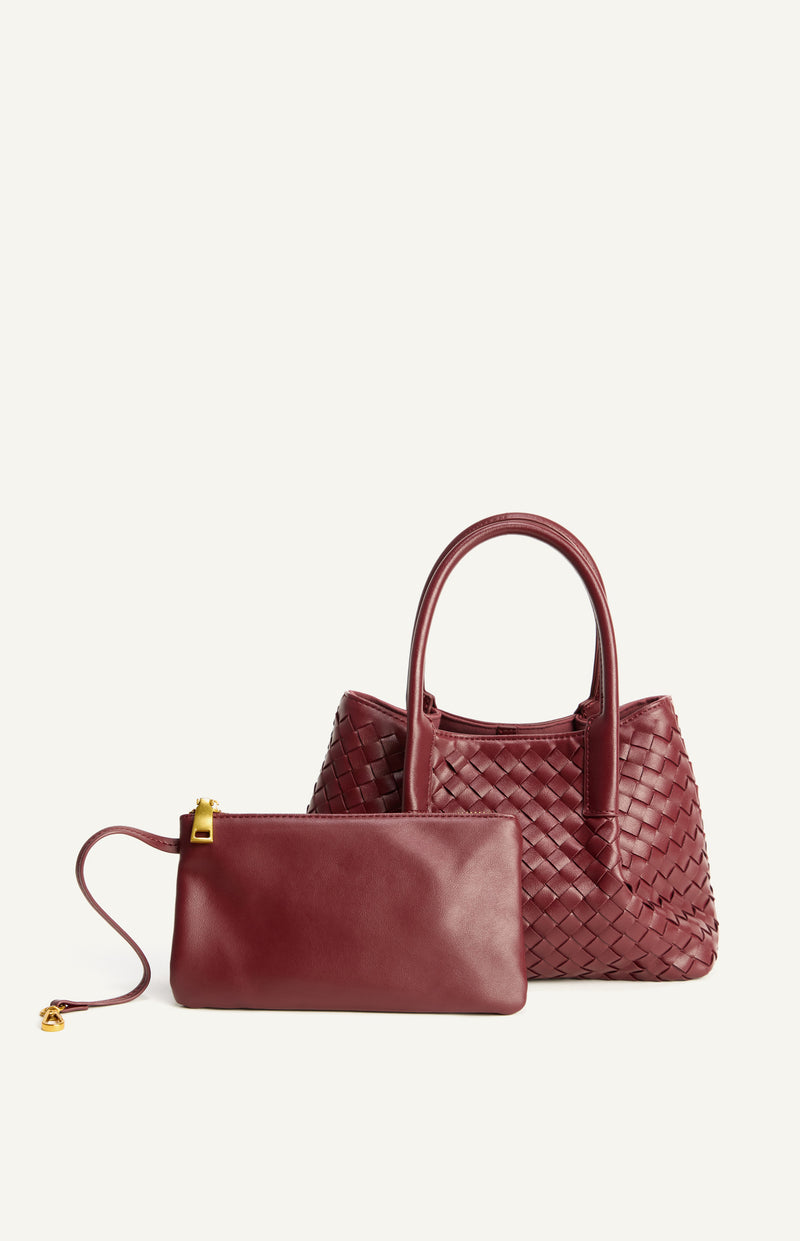 Woven Vegan Leather Handle Bag with Internal Clasp Detachable Pouch and Strap- Merlot