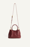 Woven Vegan Leather Handle Bag with Internal Clasp Detachable Pouch and Strap- Merlot