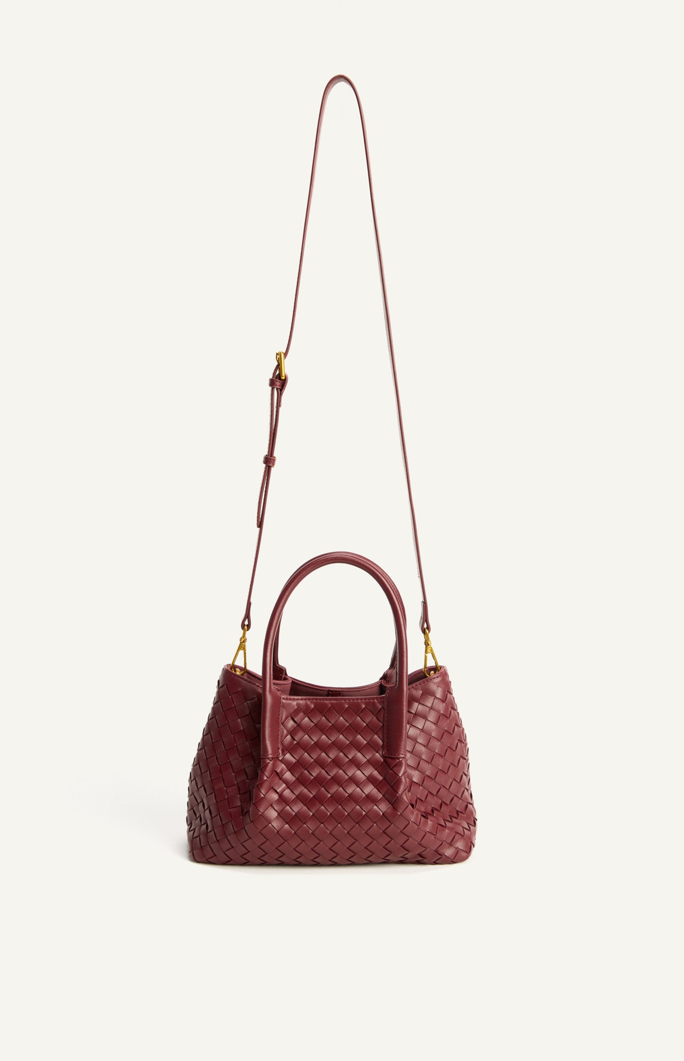 Woven Vegan Leather Handle Bag with Internal Clasp Detachable Pouch and Strap- Merlot