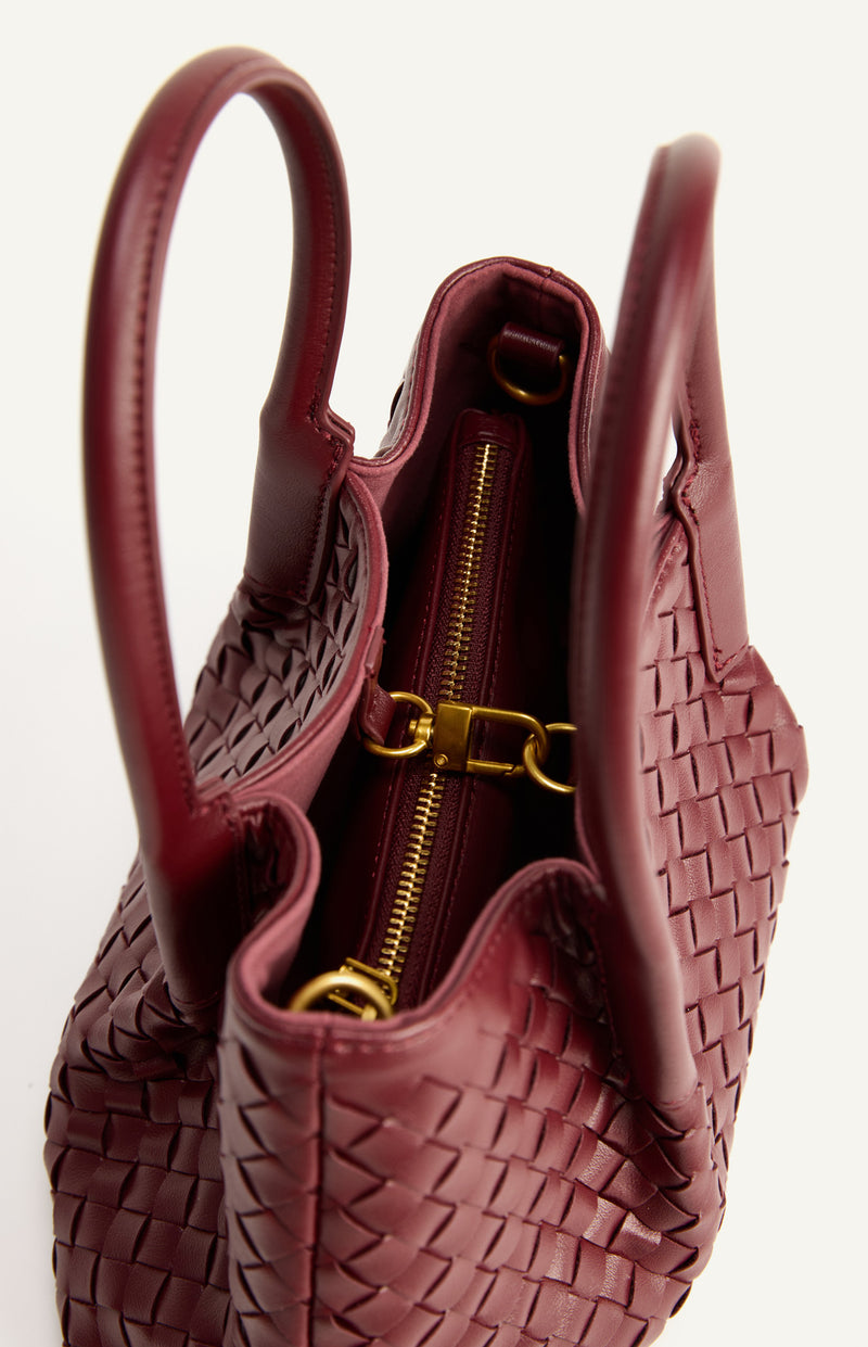 Woven Vegan Leather Handle Bag with Internal Clasp Detachable Pouch and Strap- Merlot