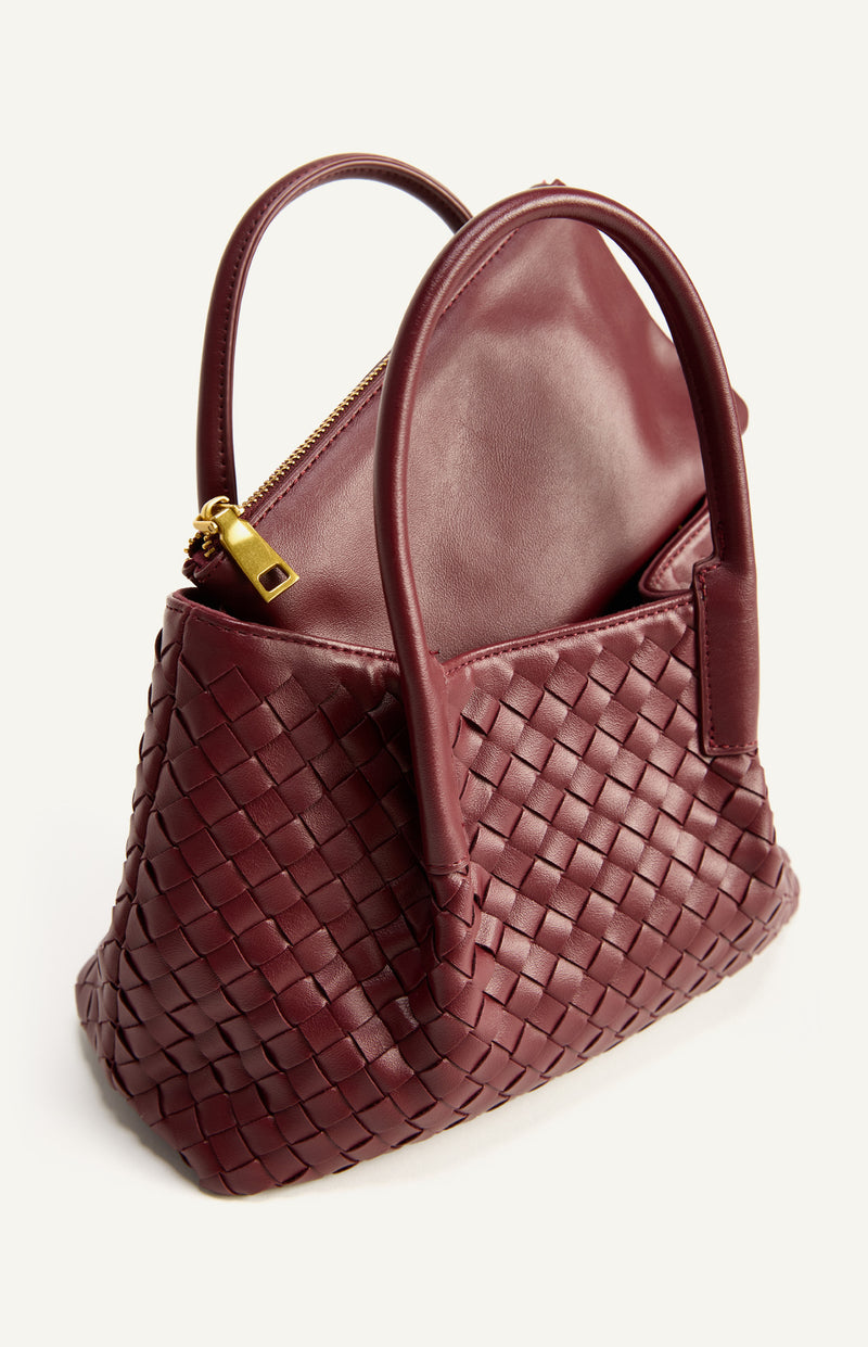 Woven Vegan Leather Handle Bag with Internal Clasp Detachable Pouch and Strap- Merlot