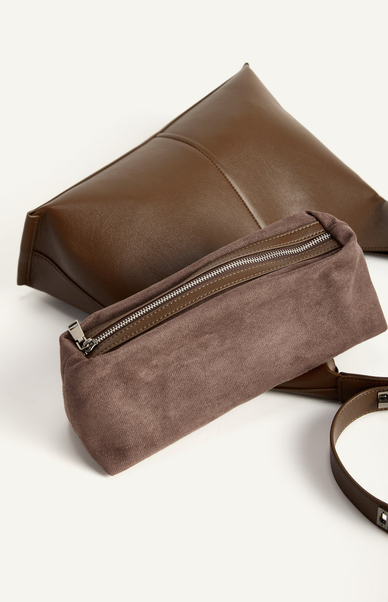 SHARMAINE SHOULDER BAG- ESPRESSO Vegan Leather Adjustable Buckle Shoulder Bag with Suedette Pouch-