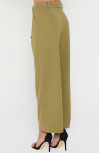 The High Waisted Pants with Chain Belt Detail- Olive