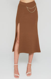 Chain Detail Stretch Fabric Midi Skirt with Split