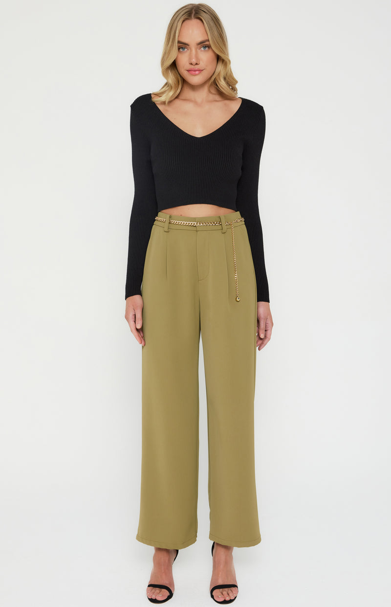 The High Waisted Pants with Chain Belt Detail- Olive