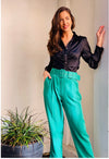 High Waist Belted Pant- Green