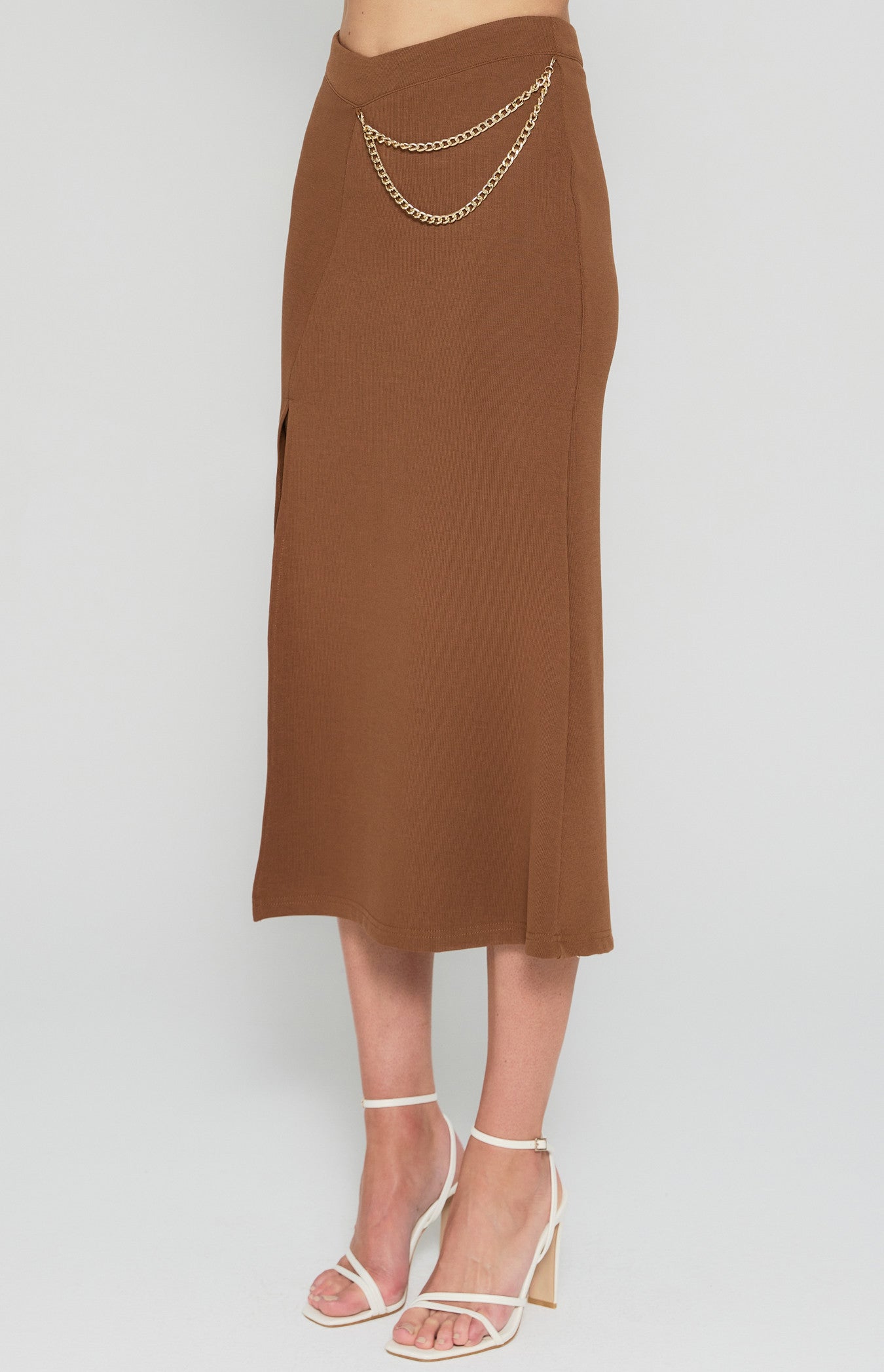 Chain Detail Stretch Fabric Midi Skirt with Split