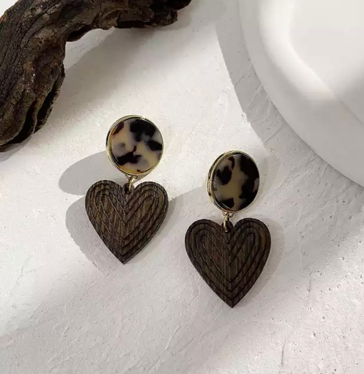 Vintage Wood Drop Earrings- Heart