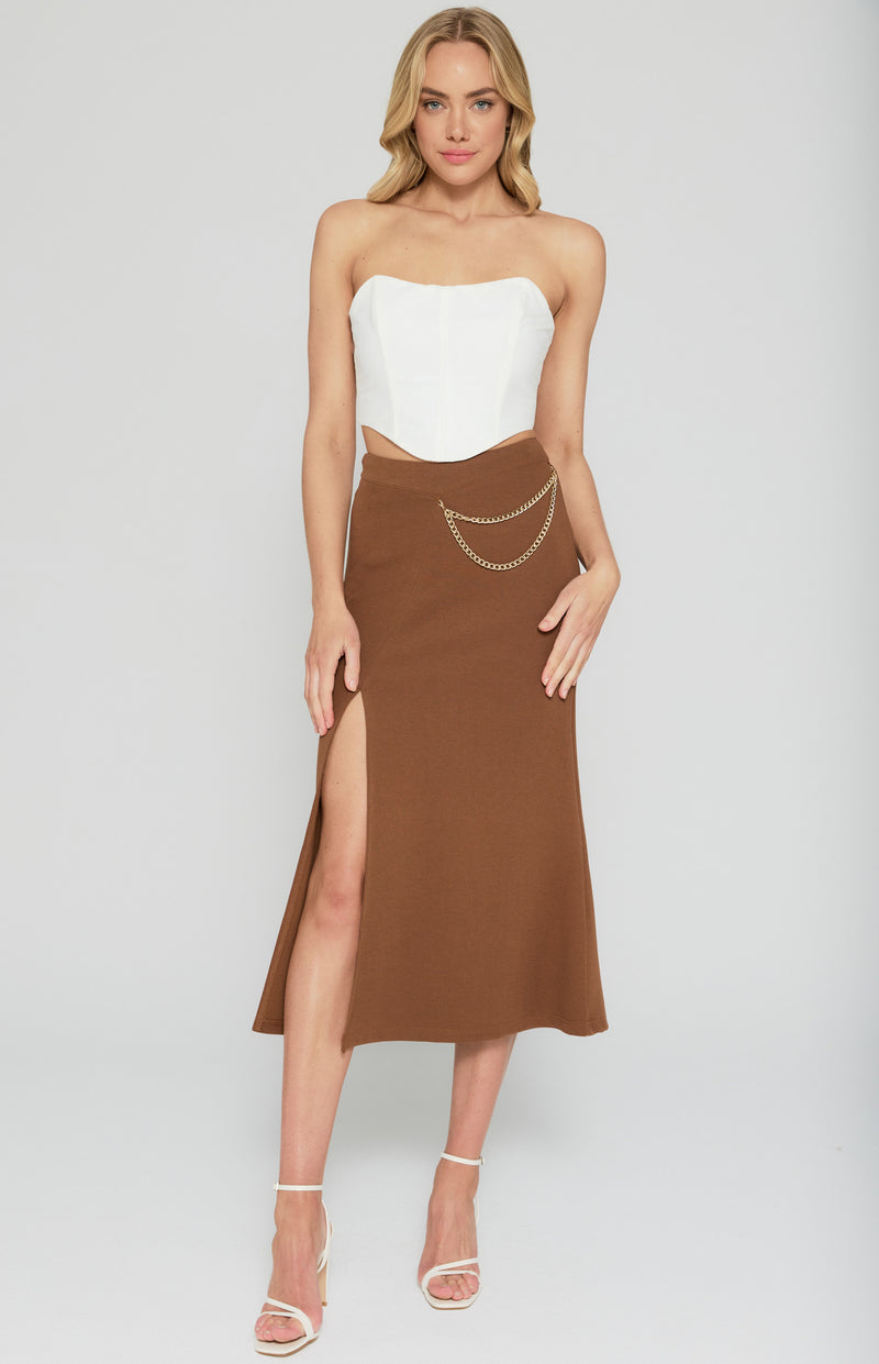 Chain Detail Stretch Fabric Midi Skirt with Split