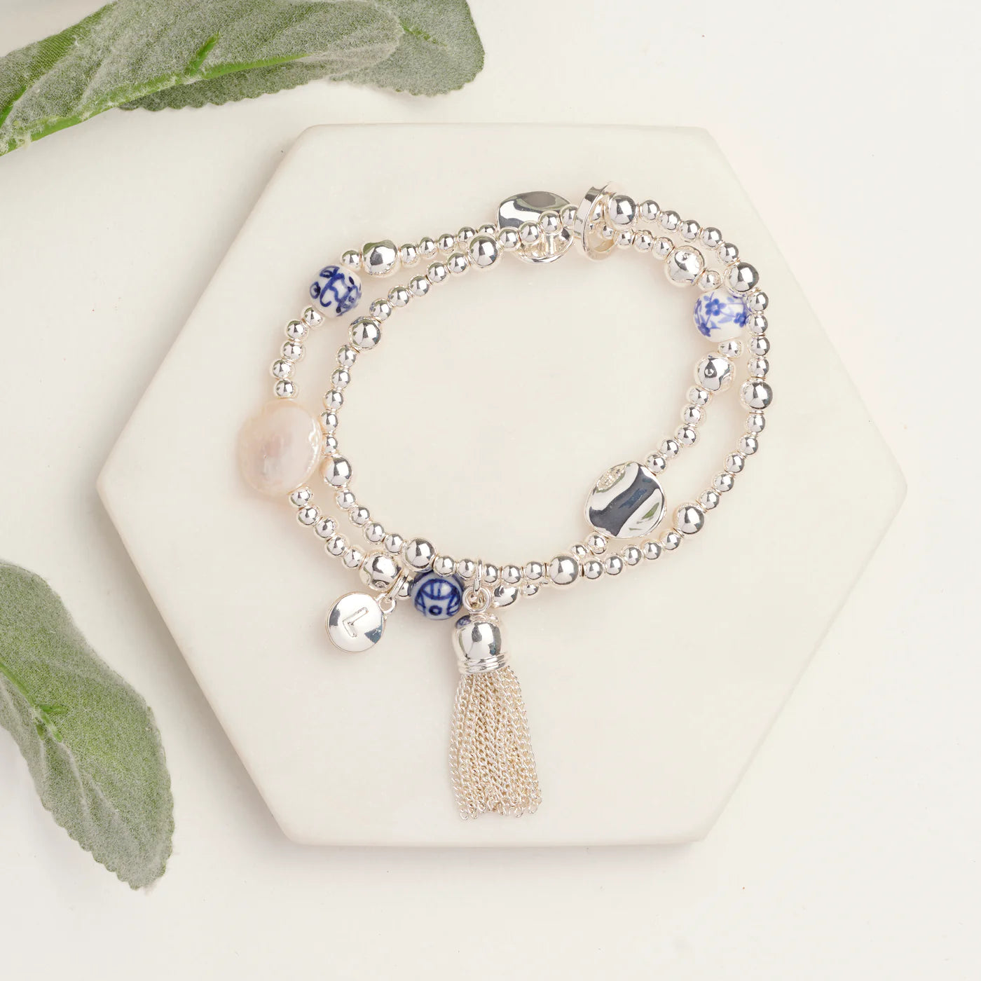 SILVER 2 STRANDS TASSEL & BLUE BEAD BRACELET